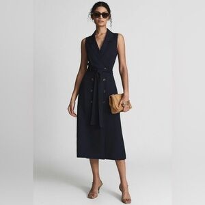 REISS PETITE Mariah Belted Button Midi Women's Shirt Dress in Navy Blue NEW